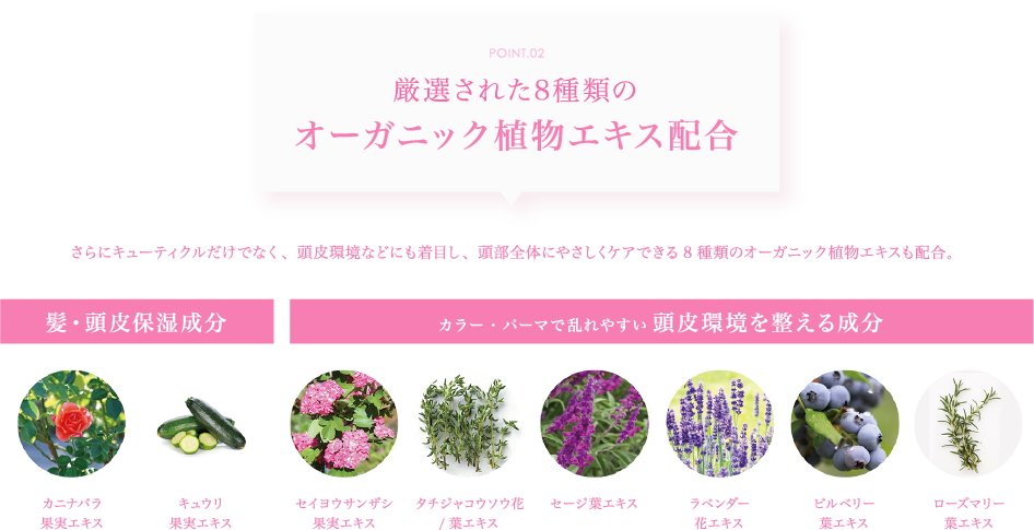 厳選された8種類のオーガニック植物エキス配合
